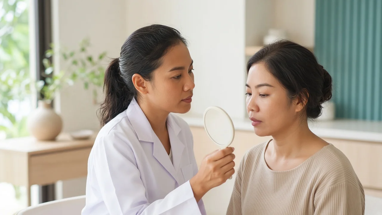 Doctor assessing the balance of a patient's lips with a hand mirror