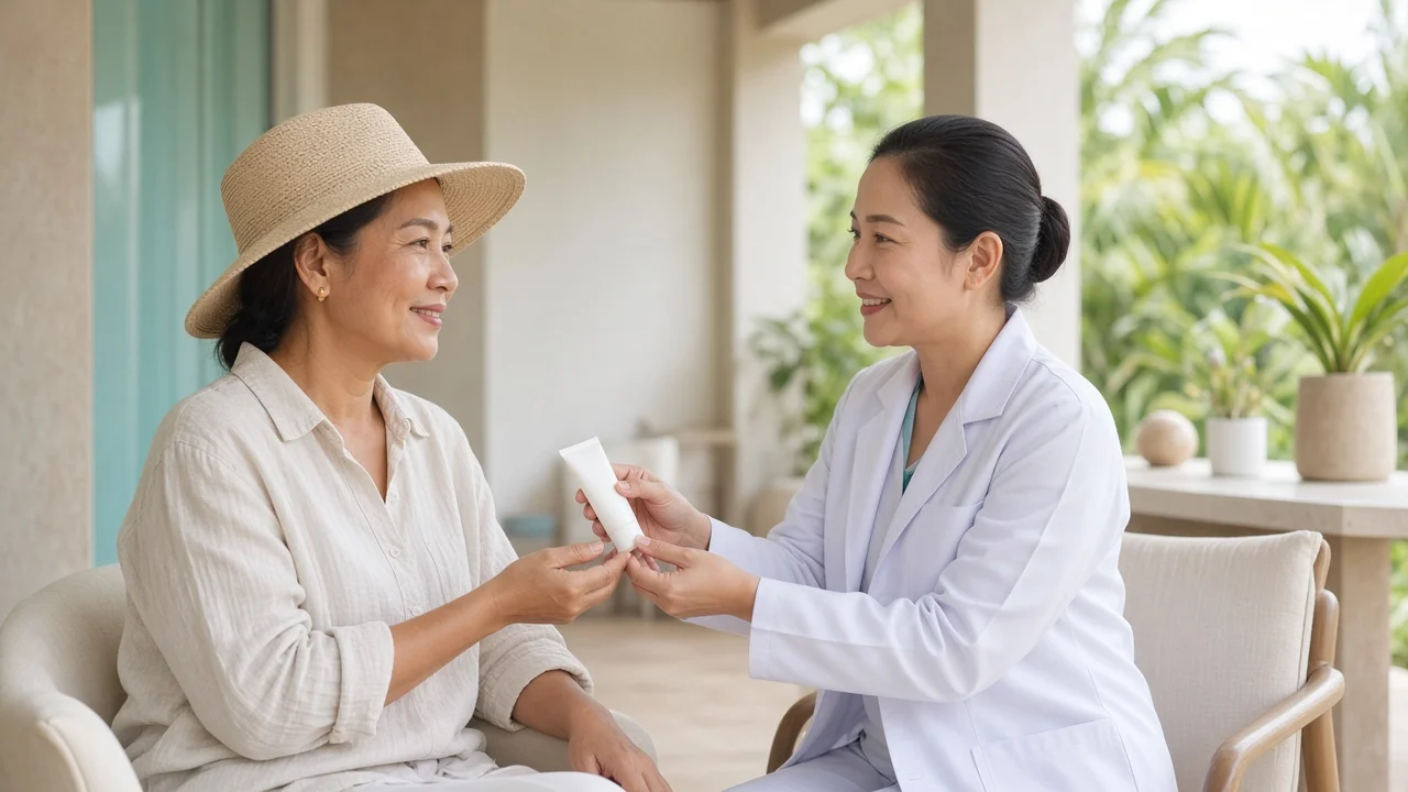 Doctor handing sunscreen to a patient in a shaded clinic terrace after HIFU