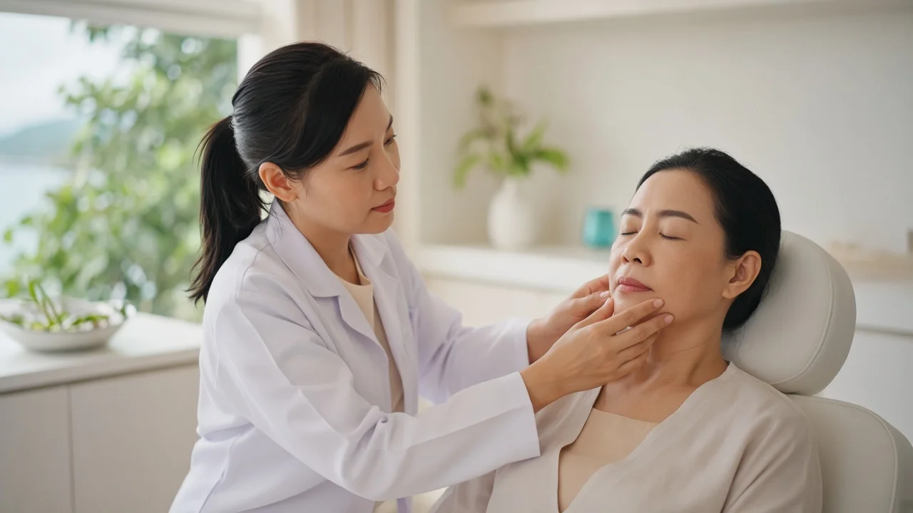 Doctor assessing a patient's jawline and mid-face at a thread lift review