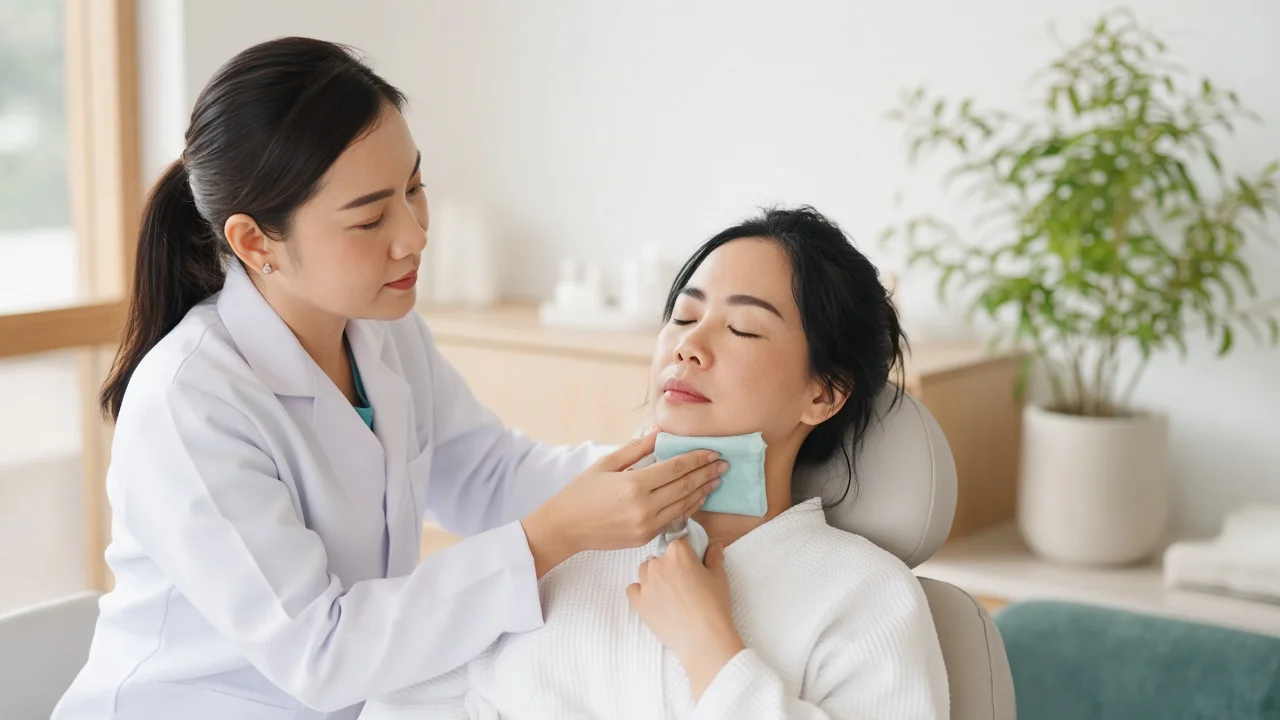 Doctor checking the under-chin area of a patient holding a cold compress
