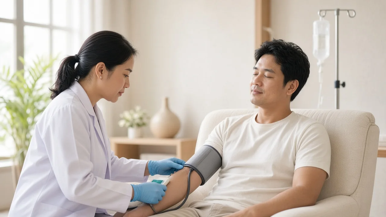 Doctor checking a patient's blood pressure before an IV drip