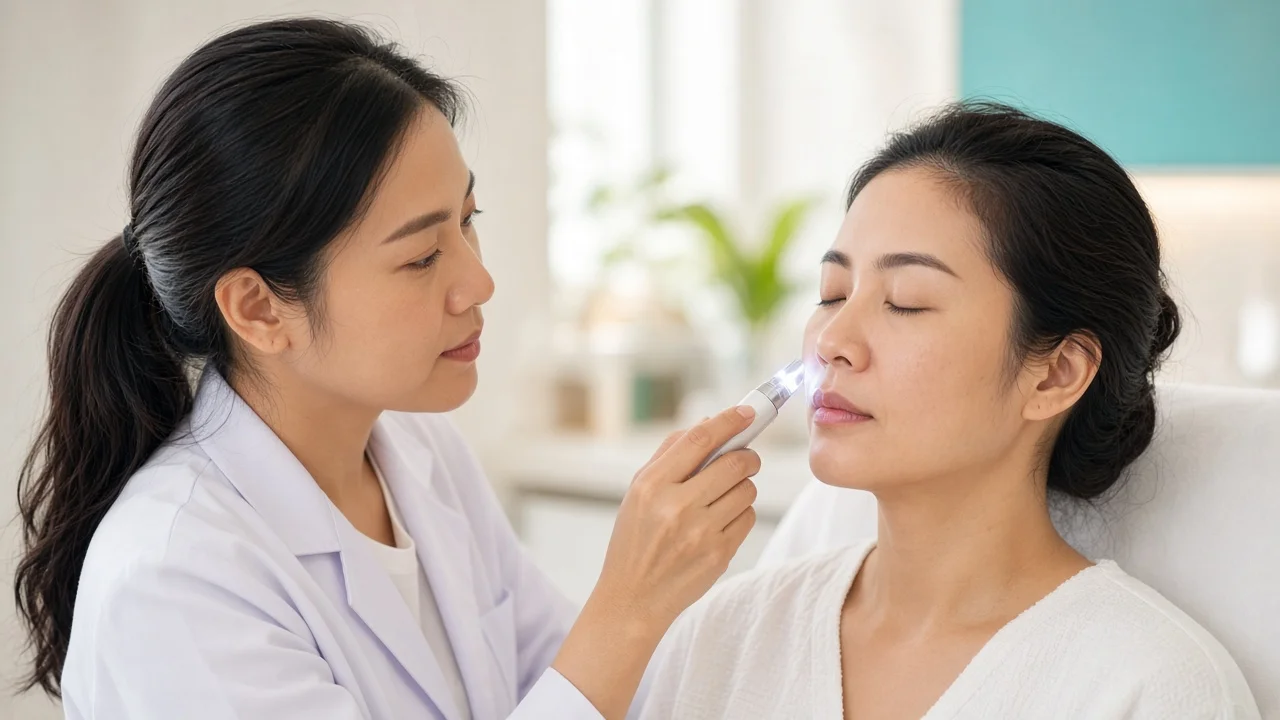 Doctor examining a patient's cheek skin with a handheld light at a follow-up