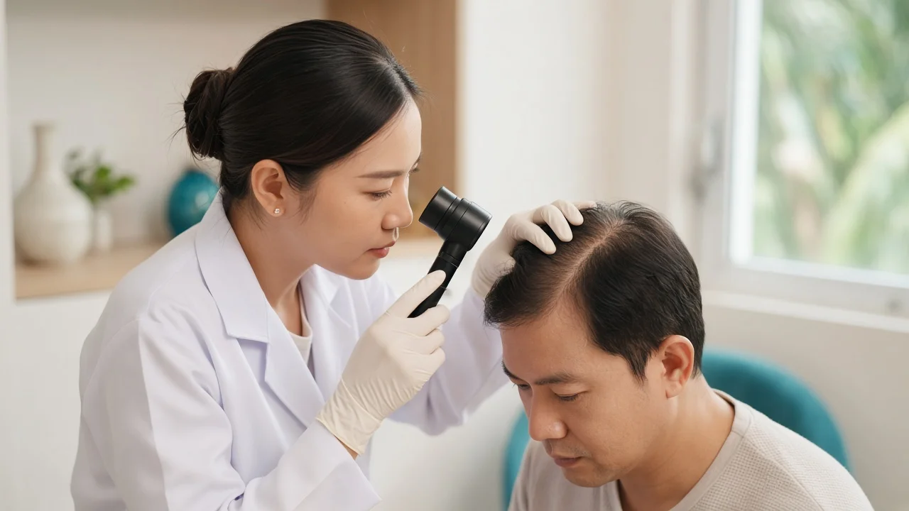 Doctor examining a patient's scalp and hair parting with a magnifying scope
