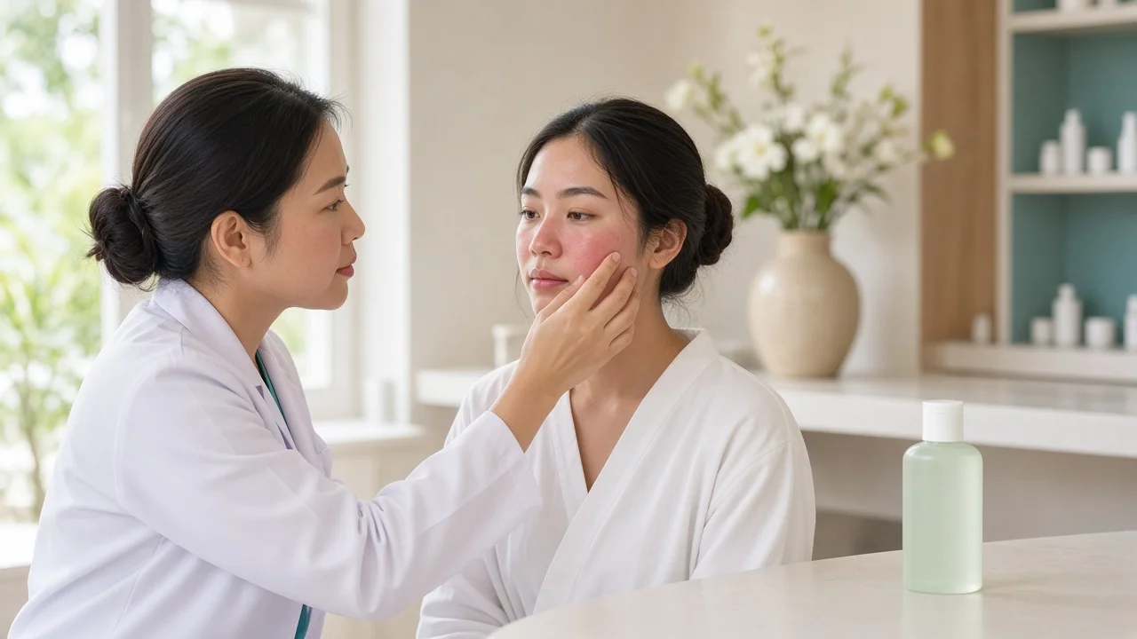 Doctor checking mild sunburn redness on a patient's face before a facial