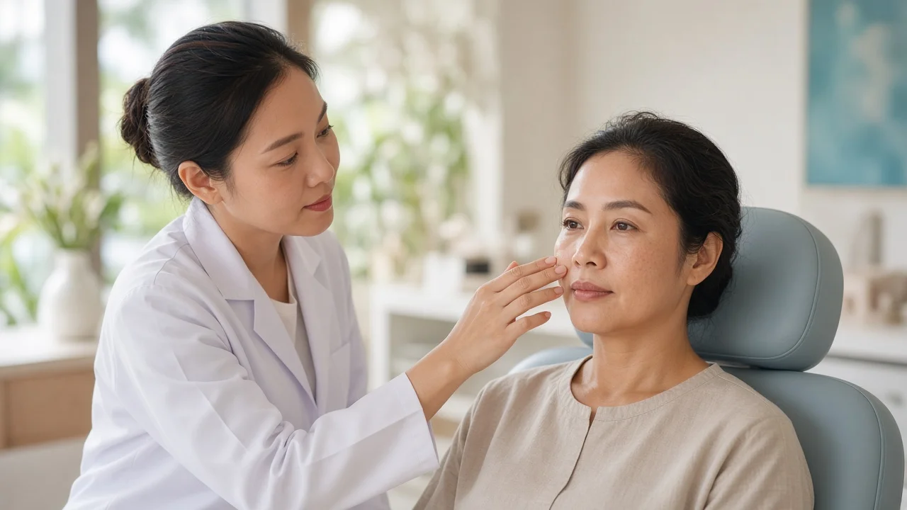 Doctor assessing a patient's cheek contours from a three-quarter angle