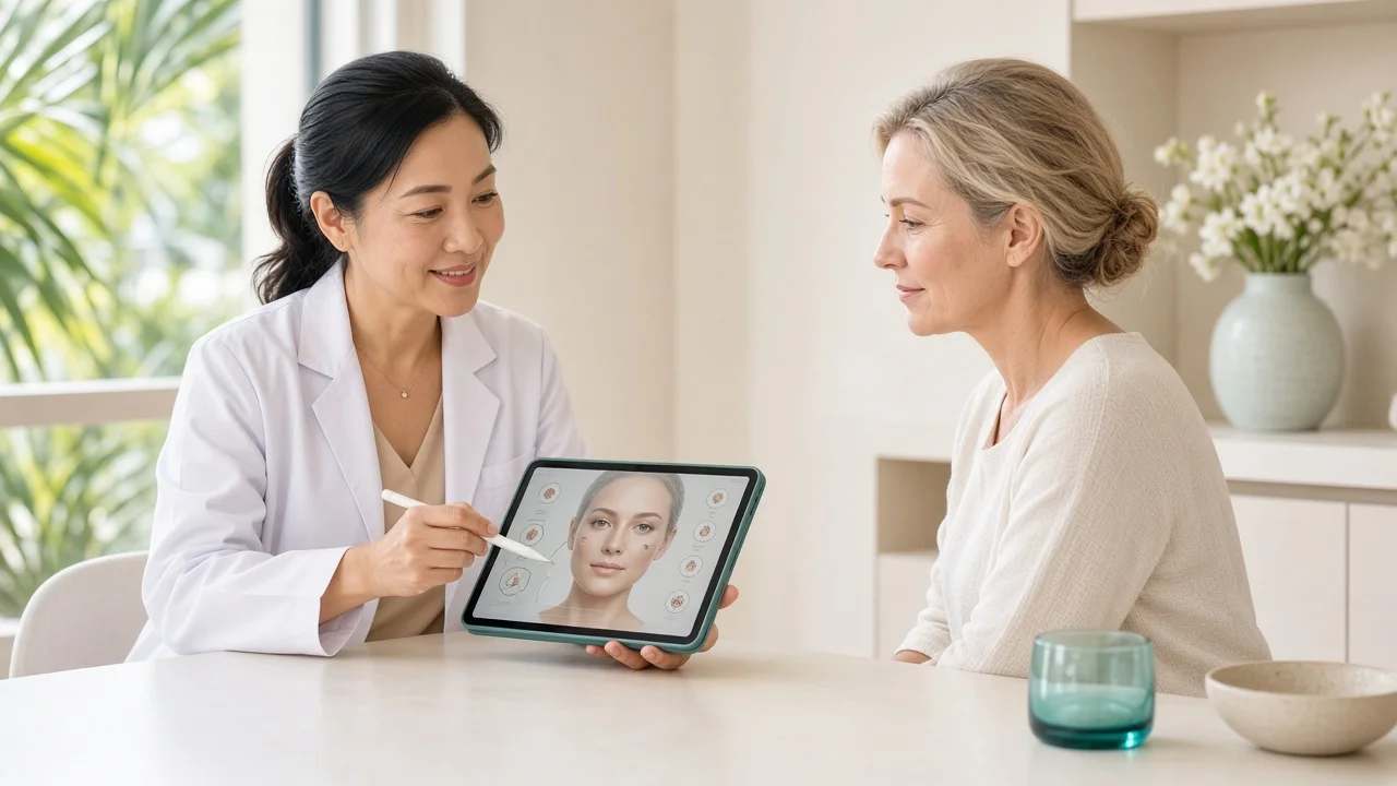 Doctor explaining collagen-stimulating treatment options to a client at a Koh Samui clinic
