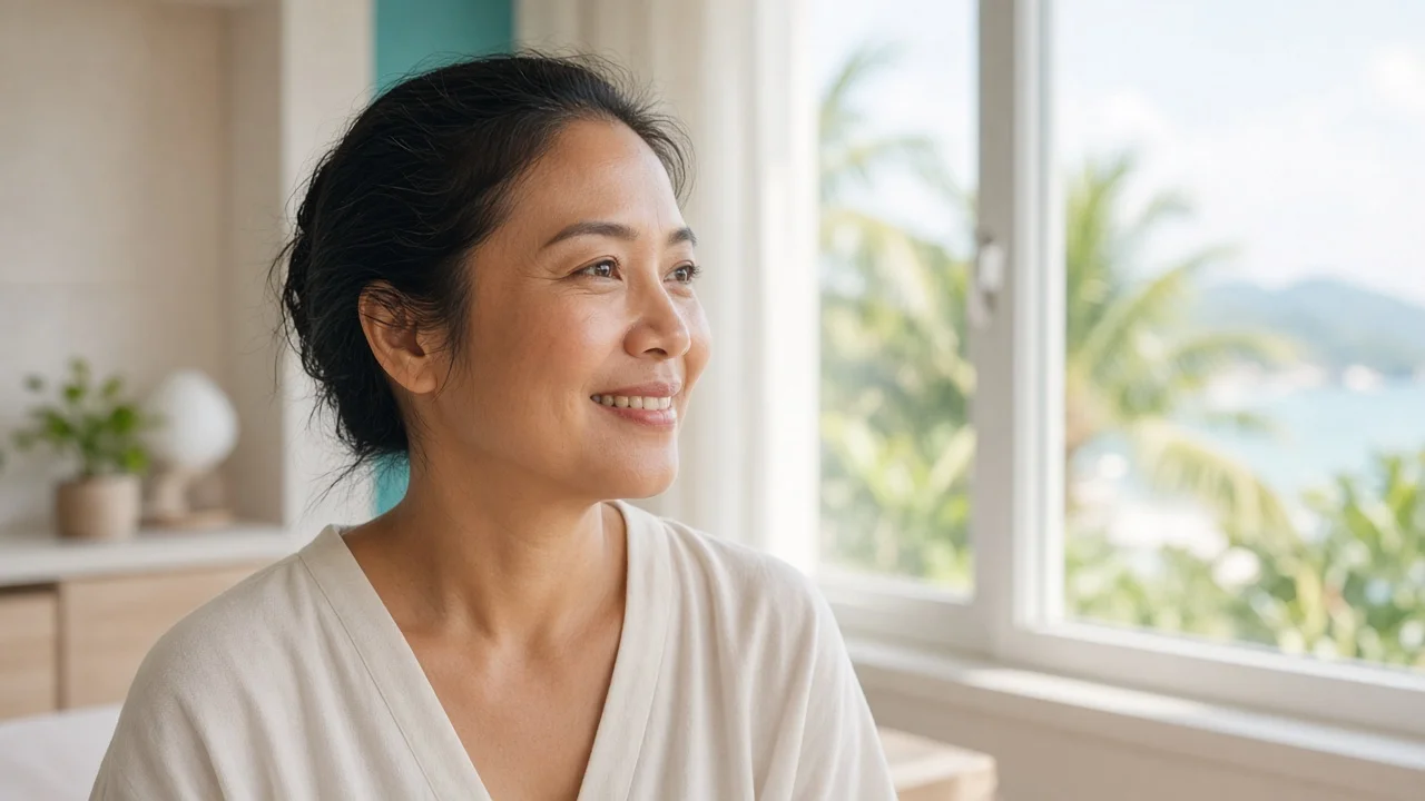 Woman with natural expression lines in a bright Koh Samui clinic