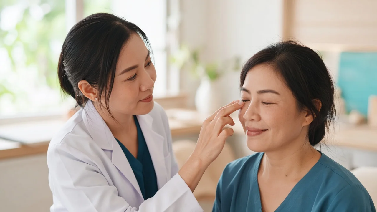 Doctor assessing fine lines at the outer corner of the eye