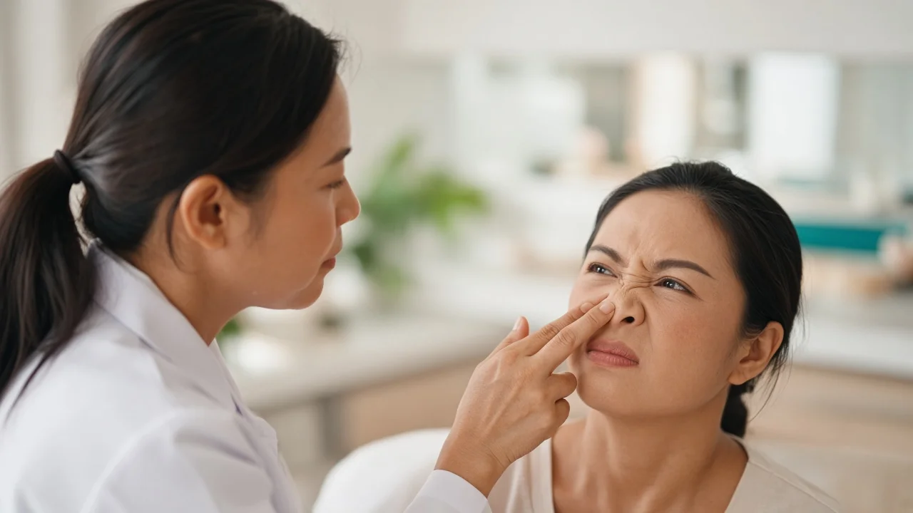 Doctor assessing diagonal nose creases during an aesthetic consultation