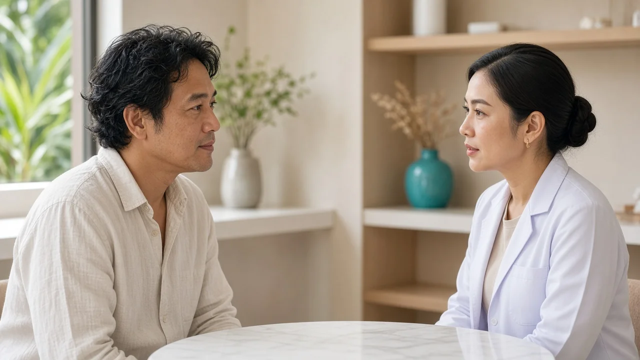 Thai man in his forties consulting a doctor about natural looking Botox
