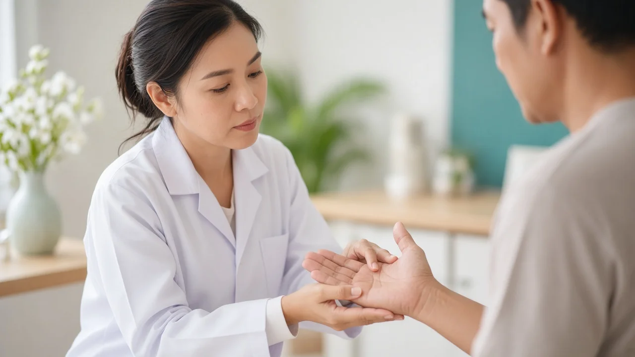 Doctor examining a patient's palm during a hyperhidrosis assessment