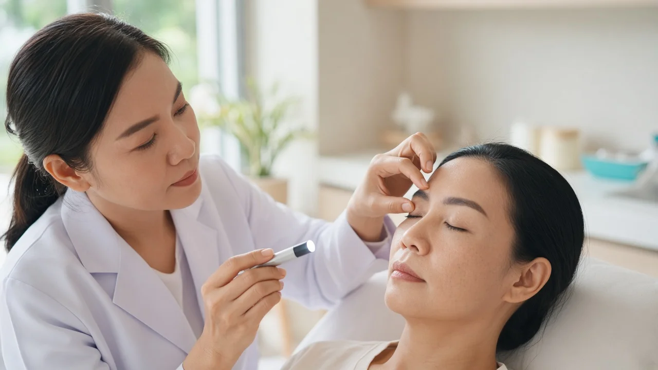 Doctor assessing a patient's upper eyelids at a follow-up appointment