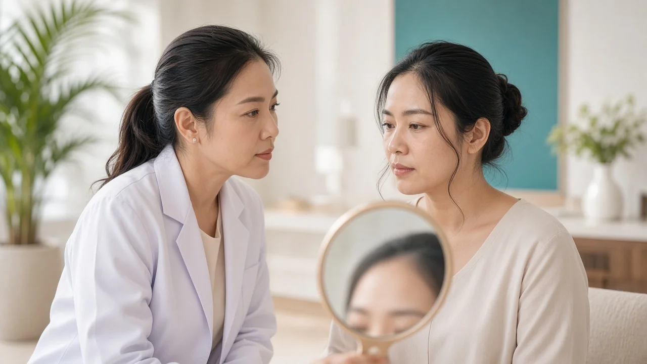 Doctor assessing early forehead lines with a patient at a Koh Samui clinic