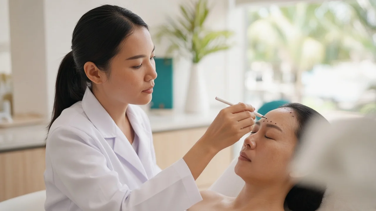 Doctor mapping forehead injection points to preserve natural brow movement