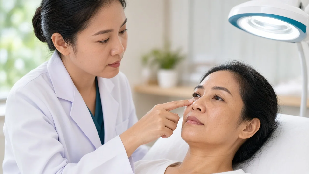 Doctor examining the under-eye area during an aesthetic consultation