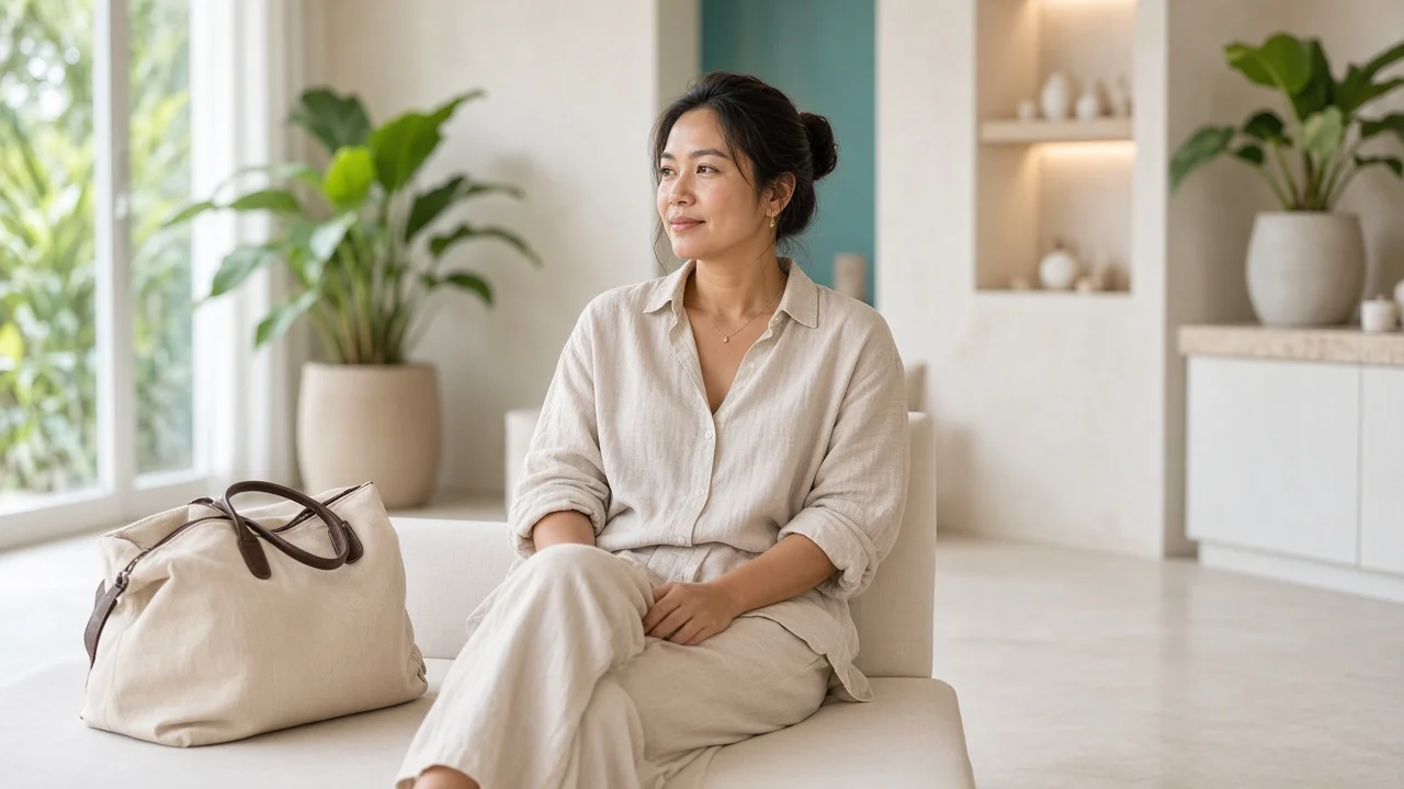 Patient resting upright in a Koh Samui clinic waiting area before travelling