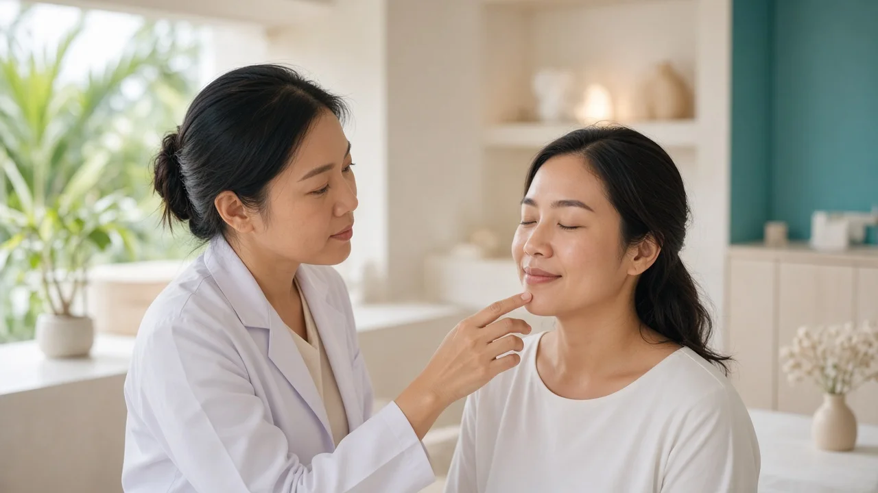Doctor assessing natural lip proportion during a consultation on Koh Samui