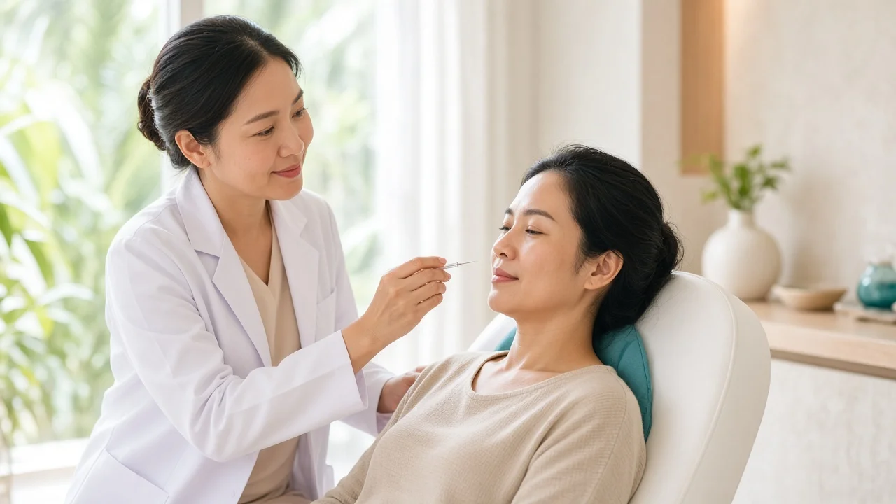 Doctor reassuring a calm patient before a fine-needle injectable treatment
